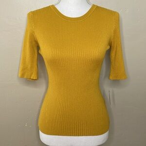 OPHELIA ROE Mustard Ribbed Sweater Half Sleeves Super Stretchy Fitted NWT Small
